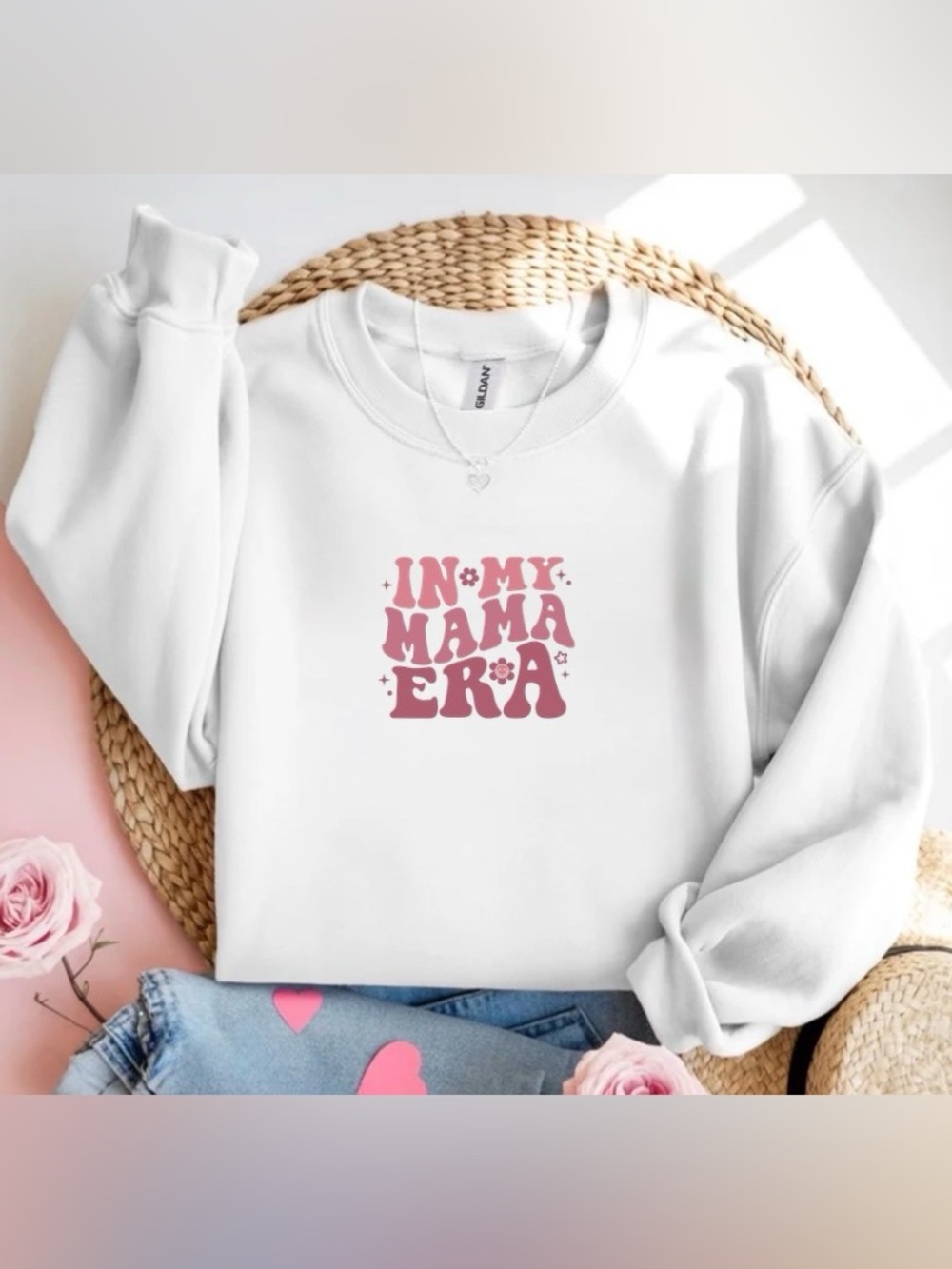 In My Mama Era White Crewneck Sweatshirt Retro Mama Gift Cute Mom